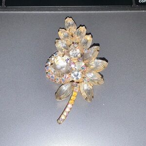 Crystal Leaf Brooch - Gold-Tone Clear Rhinestone Floral Pin